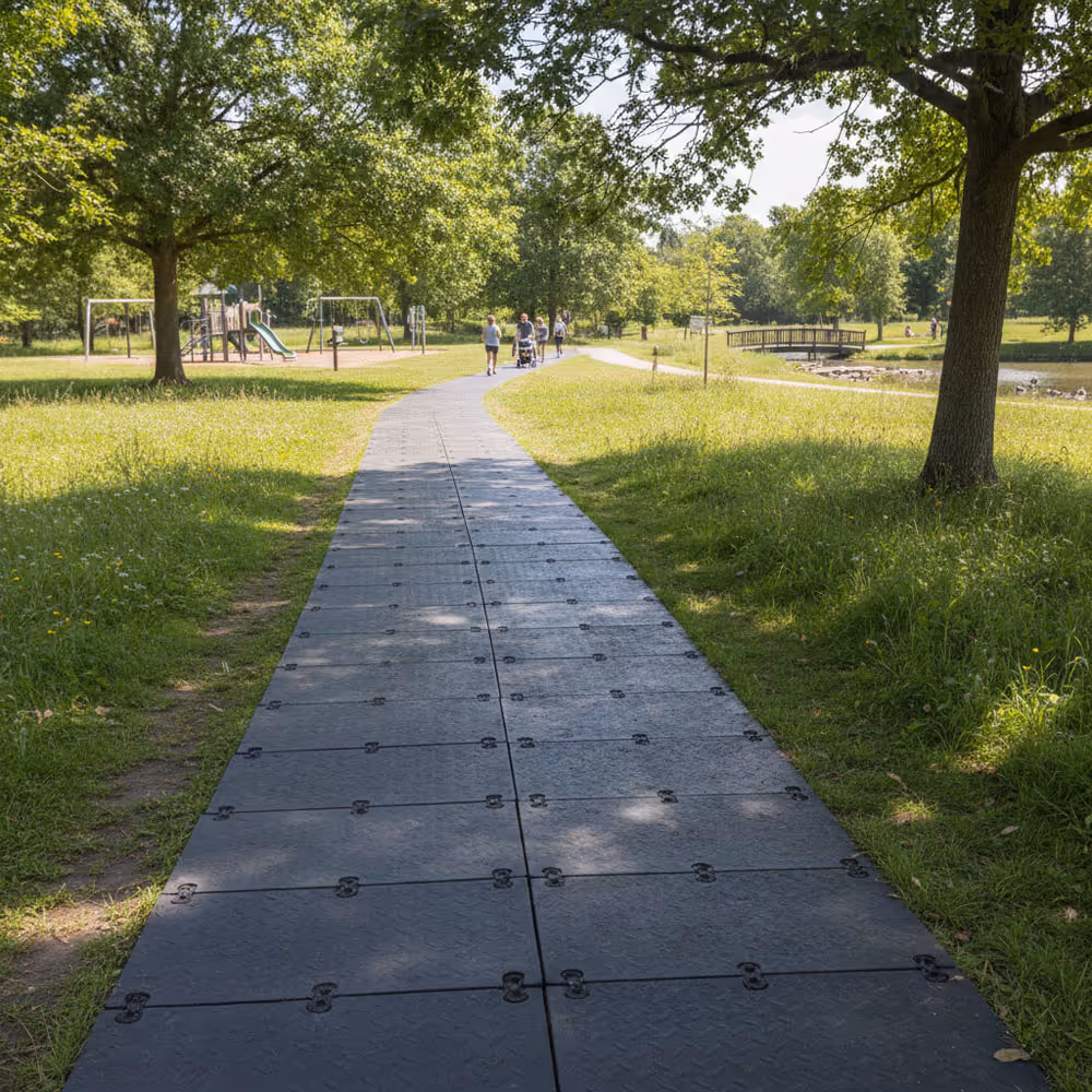 Heavy duty plastic trackway mat for vehicle access for public sector parks and recreation